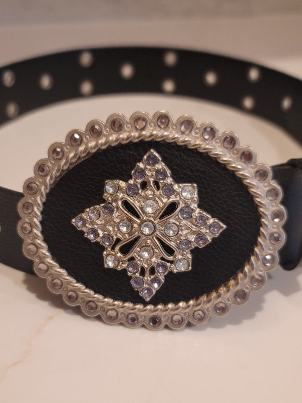 Black Leather Rhinestone Statement Belt Large Oval Buckle Western Y2K 41"
